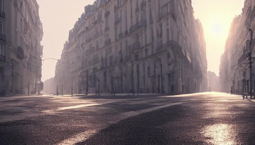 Image similar to empty paris streets, heat wave, volumetric light, abandoned, hyperdetailed, artstation, cgsociety, 8 k