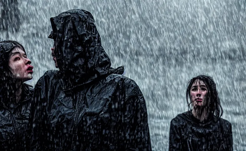 Image similar to cinestill 5 0 d candid photographic portrait by christopher nolan of two loving female androids sobbing wearing rugged black mesh techwear in treacherous waters, extreme closeup, modern cyberpunk moody emotional cinematic, pouring rain menacing lights shadows, 8 k, hd, high resolution, 3 5 mm, f / 3 2, ultra realistic faces, ex machina