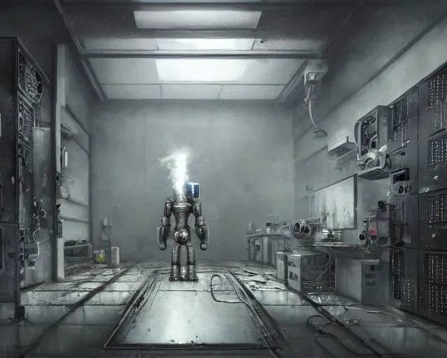 Prompt: gloomy ruined server room in datacenter robot figure automata rusty steel robot knight colossus welder posing pacing fixing soldering mono sharp focus, emitting diodes, smoke, artillery, sparks, racks, system unit, motherboard, by pascal blanche rutkowski repin artstation hyperrealism painting concept art of detailed character design matte painting, 4 k resolution blade runner