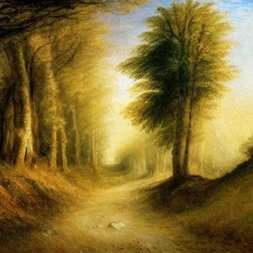 Image similar to a beautiful country path, golden light , sense of awe, in the style of Turner