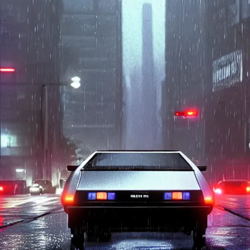 Prompt: hyperdetailed, photorealistic photograph of a dmc 1 2 delorean driving in the streets, rain, night, dense fog, hd, unreal engine 5