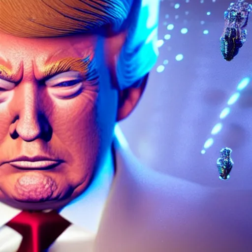 Prompt: donald trump full body detailed, ethereal, cyborg, covered in blood diamonds and other gems glowing, highly detailed face, elegant posed, evil expression, intricate, extremy detailed, beeple, cgsociety, 3 d unreal engine octane render. cinematic lighting, highly detailed 4 k art