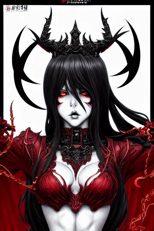 Image similar to single beautiful demon queen woman only, manga style only, black white and red colors only, symmetrical face, symmetrical full body, demonic, dramatic, powerful, super detailed and intricate, hyper realistic, 4 k render, by artgerm, by kyoung hwan kim, by ralph mcquarrie, by yoshiyuki tomino