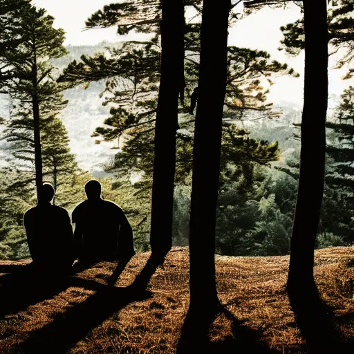 Prompt: silhouettes of two men sitting on top of a hill with a forest behind them