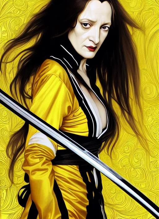 Image similar to uma thurman in kill bill, rococo and art nouveau fusion, swinging reflective katana, yellow jumpsuit with black stripe, highly detailed, deep focus, elegant, digital painting, smooth, sharp focus, illustration, ultra realistic, japanese art by artgerm and alphonse mucha