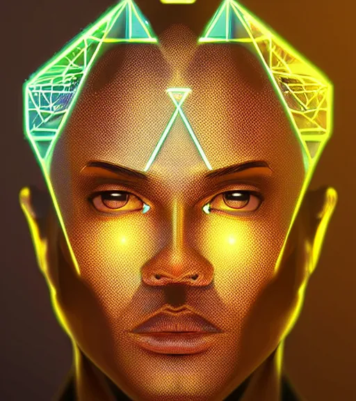 Image similar to symmetry!! egyptian prince of technology, solid cube of light, hard edges, product render retro - futuristic poster scifi, lasers and neon circuits, brown skin man egyptian prince, intricate, elegant, highly detailed, digital painting, artstation, concept art, smooth, sharp focus, illustration, dreamlike, art by artgerm