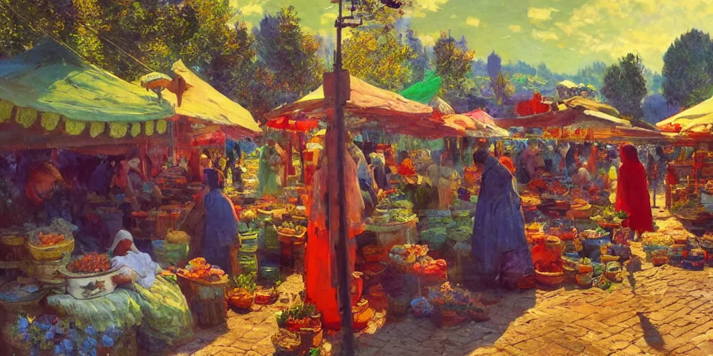 Prompt: turkish marketplace, fantastic characters in the scene, epic scene, lofi vibe, colorful, vivide colors, amazing light, really beautiful nature, oil painting, by jeremy lipkin, by claude monet, by makoto shinkai, kandinsky touches, multiple brush strokes, inspired by ghibli, masterpiece, beautiful