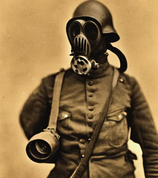 Image similar to person wearing gas mask, ww1 technicolor film photo, grainy, high detail, high resolution