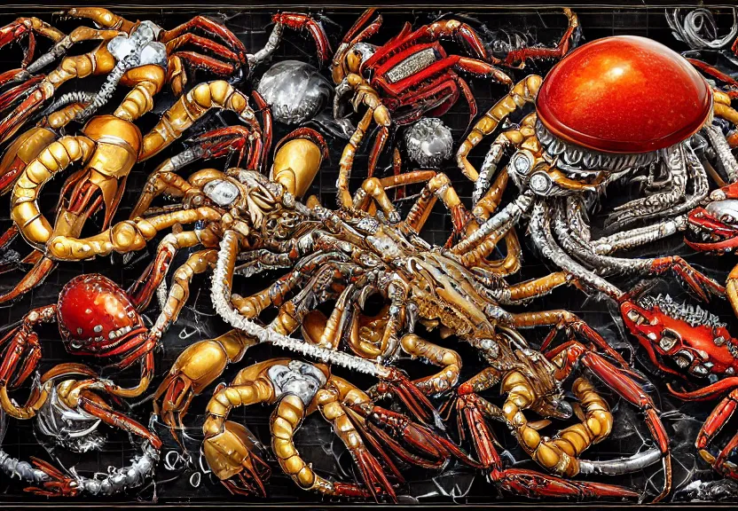 Prompt: complexity. an opulent banquet of food on a table covered with golden gundam lobster and turquoise gundam spiders and silver gundam king crabs and huge crystal animal skulls. biomechanical giger ’ s xenomorph. the thing. the blob. low angle. reclaimed lumber, detailed and intricate environment, hyperrealism, food photography, rembrandt