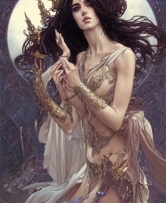 Prompt: portrait of a fantasy woman, half body, d & d, fantasy, intricate, elegant, highly detailed, digital painting, artstation, concept art, art by artgerm and greg rutkowski and alphonse mucha, luis royo