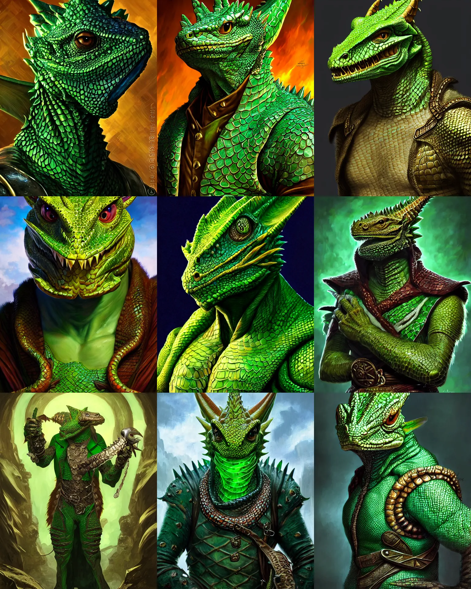 Prompt: dnd character concept portrait, scaly dragonborn male with lizard eyes, green scales, merchant, green fins, 1 7 th century fancy suit, detailed, high quality, dynamic lighting, fantasy, artwork by artgerm, wlop, alex ross, greg rutknowski, alphonse mucha