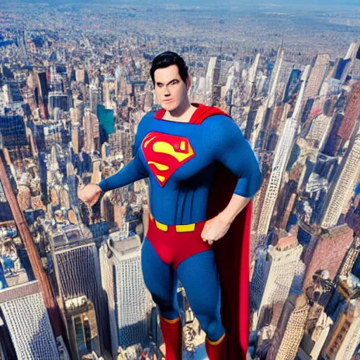 Image similar to marvel superman from back hands on waist standing on top of the empire state building