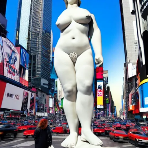 Image similar to a giant greek statue of a woman in times square