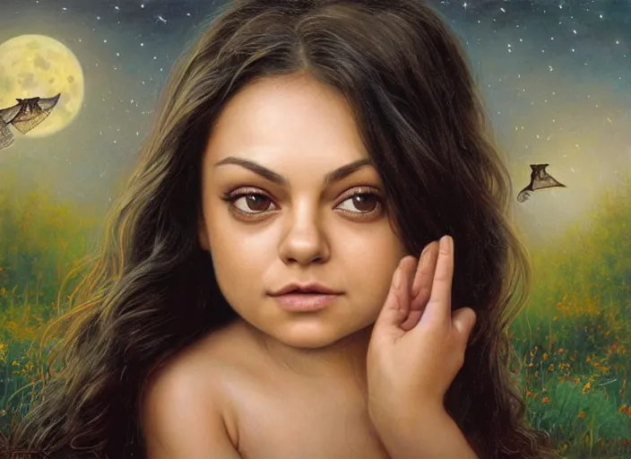 Image similar to Mila Kunis staring into the camera singing a lullaby, fireflies, full moon, Lilia Alvarado, Sophie Anderson, Mark Arian, Bob Byerley, Charlie Bowater, Mark Brooks, Steve Henderson, Justin Gerard, Arthur Hughes, Edward Robert Hughes, Mark Keathley, Victor Nizovtsev, Carlos Shwabe, Ross Tran, WLOP