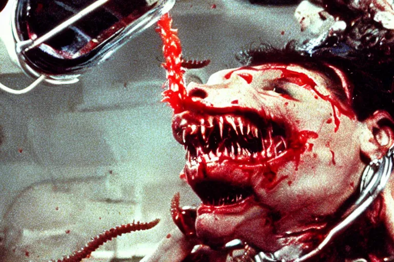 Image similar to filmic wide shot dutch angle movie still 35mm film color photograph of a doctor getting his face torn off and mutilated by a dangerous spined bundle of alien worms coming from off camera, blood flying in the air, in the style of a 1982 horror film