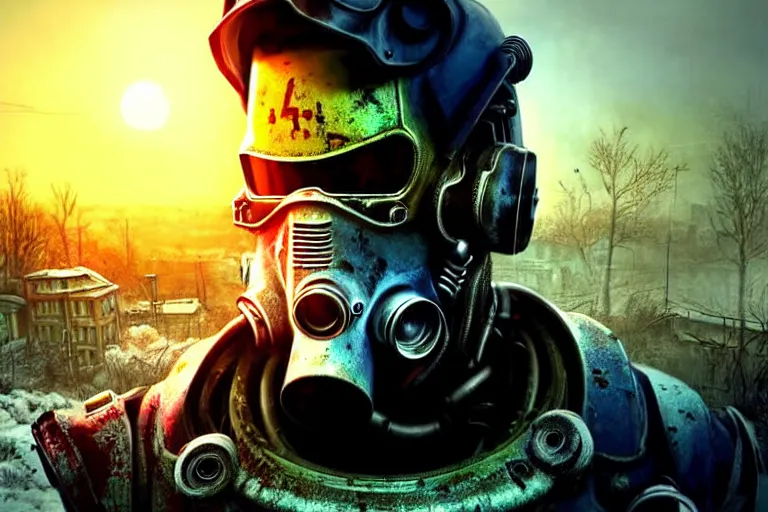 Prompt: fallout 5, jim carrey as protagonist, portrait, outdoors european cityscape, atmospheric lighting, painted, intricate, volumetric lighting, beautiful, daytime, winter, clear weather, mutated wildlife, sharp focus, deep colours, ultra detailed, art by william turner