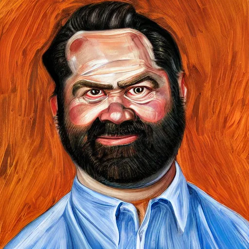 Image similar to uhd photorealisitc high quality high detail painting by lucian freud, exaggerated portrait of billy mays as the devil, studio lighting