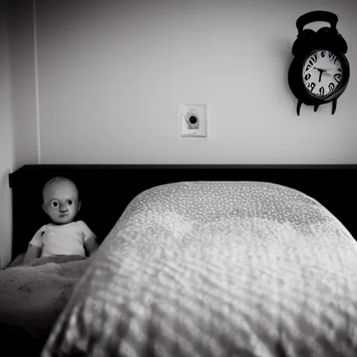 Prompt: dark child room, creepy light, sleeping child, scary eyes under the bed, poor quality photography - H 768