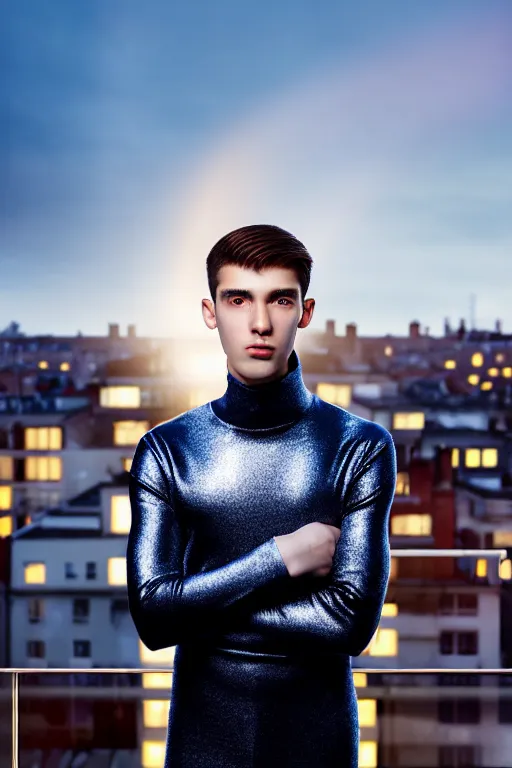 Image similar to un ultra high definition studio quality photographic art portrait of a young man standing on the rooftop of a british apartment building wearing soft padded silver pearlescent clothing. three point light. extremely detailed. golden ratio, ray tracing, volumetric light, shallow depth of field. set dressed.