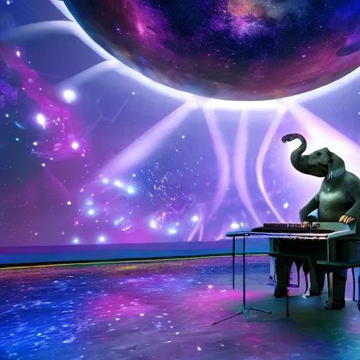 Image similar to a hyperrealistic 3D octane render of an elephant wearing an oculus rift and playing a keyboard inside of a dome planetarium with planets and galaxies, 8k, unreal engine, dramatic lighting, volumetric lighting, uplighting, ray tracing, photorealistic,