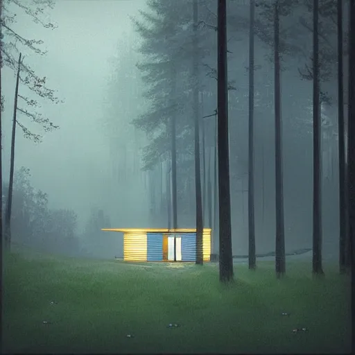 Image similar to “ swedish futuristic cabin next to the lake in the forest by simon stalenhag, misty morning ”