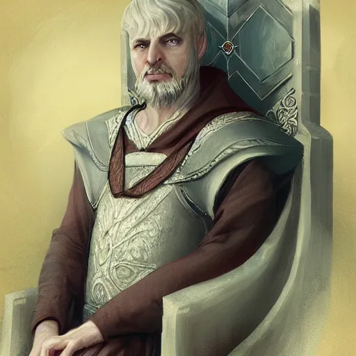 Prompt: A portrait of an old medieval king, weary, sitting on his throne, Charlie Bowater art style, digital fantasy portrait