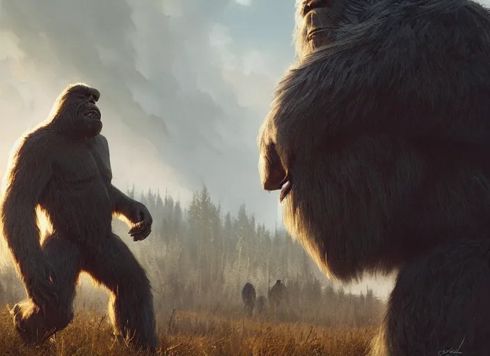 Prompt: close up cinematic artwork of bigfoot staring down the enemy on the battlefield by Greg Rutkowski, 4k, masterpiece