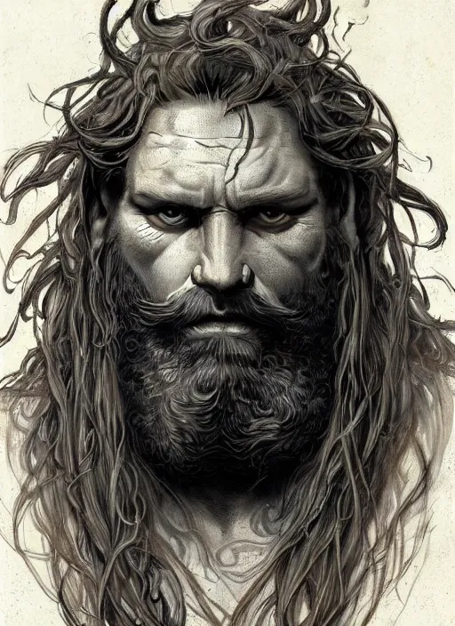 Image similar to portrait of a 4 0 year old giant strong man with long tangles of bushy ginger hair and beard, piercing eyes, wearing leather armor, hyper realistic face, epic, very low angle, fantasy art, in the style of greg rutkowski, intricate, alphonse mucha, hyper detailed, smooth