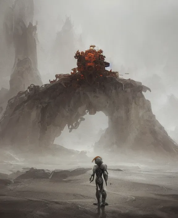 Prompt: surreal epic, masterpiece, romantic prometheus white } base, ancient ochre palette, impossible architecture by ruan jia, mecha floor, futuristic, blame, white architecture in the beach in iceland, foggy, highly detailed, digital painting, arstation, concept art, hyperealistic octane render, unreal engine