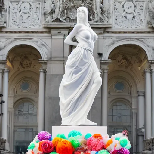 Image similar to white marble statue of a beautiful woman with colorful motocross logos in the style of virgil abloh, colored smoke clouds, very very beautiful, detailed, off white, heron preston, 8 k, 4 k, detailed, beautiful, symmetrical, vogue, editorial, fashion, magazine, museum lighting, museum, gallery