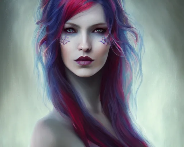 Image similar to A detailed matte oil on canvas head on symmetrical portrait of a distinguished elven woman with red and blue hair on an empty background, by Charlie bowater, Lise Deharme, Wlop, trending on artstationhd, dungeons and dragons art, parted hair , half blue, half red , split dye, critical role