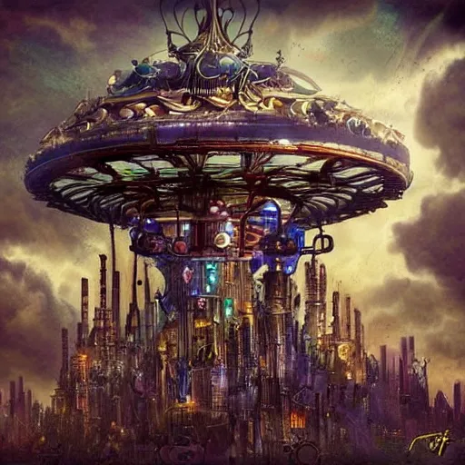 Image similar to flying city in a mechanical flower, sky!, fantasy art, steampunk, masterpiece, behrens style