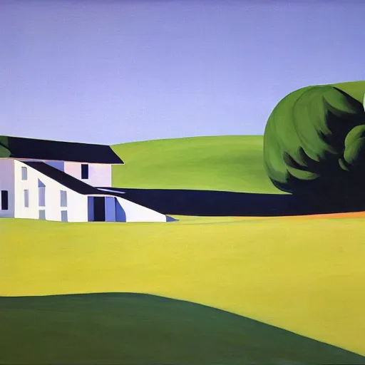 Image similar to dreaming futuristic rural landscape with modern houses, painted by Alex Katz and Edward Hopper, airbrush, highly detailed