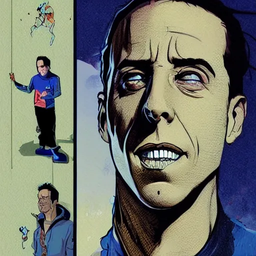 Prompt: a study of cell shaded portrait of jerry seinfeld concept art, llustration, post grunge, concept art by josan gonzales and wlop, by james jean, Victo ngai, David Rubín, Mike Mignola, Laurie Greasley, highly detailed, sharp focus, alien, Trending on Artstation, HQ, deviantart, art by artgem