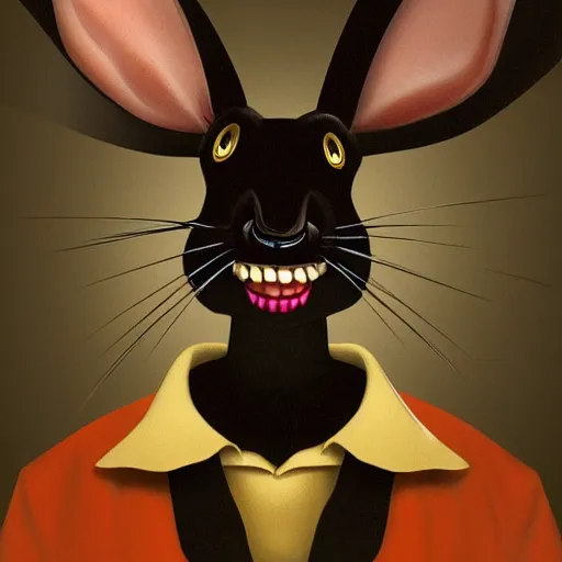 Image similar to A extremely highly detailed majestic hi-res beautiful, highly detailed head and shoulders portrait of a scary terrifying, horrifying, creepy black cartoon rabbit with scary big eyes, earing a shirt laughing, let's be friends, in the style of Walt Disney