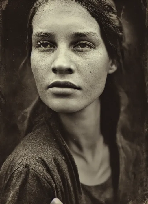 Image similar to high resolution close up portrait of a young women, photo realistic, elegant, award winning photograph, parallax, cinematic lighting, ambrotype wet plate collodion by martin shuller, richard avedon dorothe lange and and shane balkowitsch