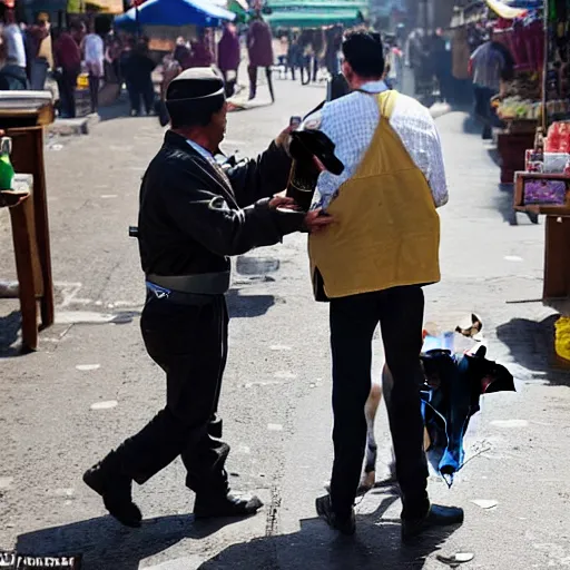 Image similar to a cow steals wine from a market stall. one of the bottles breaks spilling its contents on the street. a guard is going after the cow