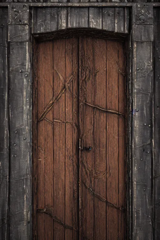 Prompt: a huge old weathered dark brown wooden door with shiny metallic rush plant ornaments, ornate, fantasy, photorealistic, realistic, octane render, volumetric light, high definition, ultra detailed, tranding on artstation, midjourney