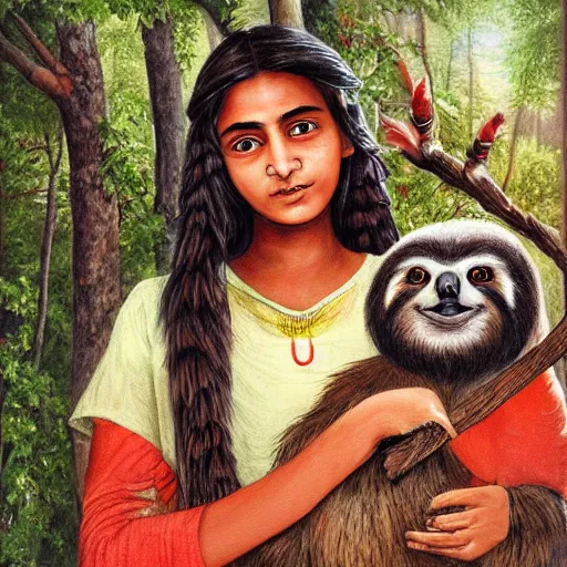 Image similar to a cottagecore beautiful young indian witch holding a cute sloth, highly detailed, masterpiece, illustrated, art by johannes voss