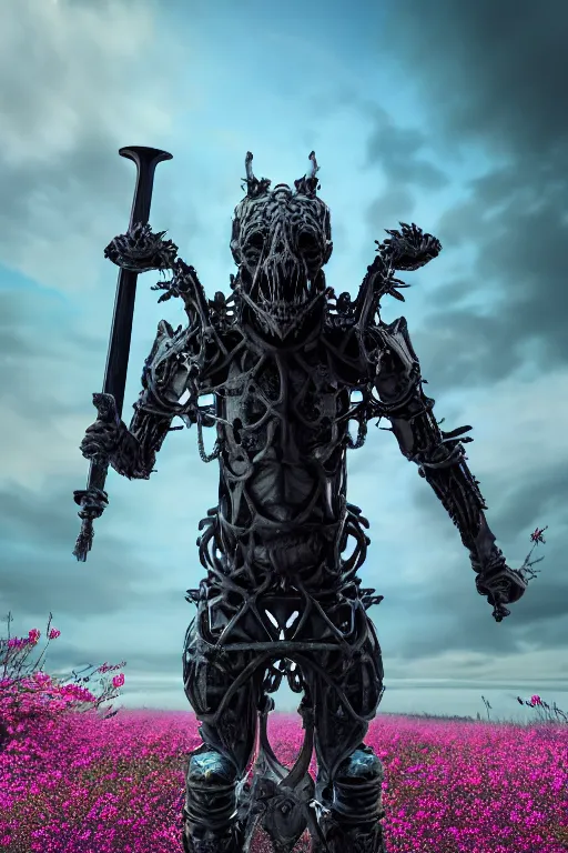 Prompt: hyperrealistic neo - gothic human gargoyle hybrid, exoskeleton armor, fighting with katana, field of pink flowers, highly detailed digital art masterpiece, vitaly bulgarov dramatic dark teal light, ground angle hd 8 k, sharp focus