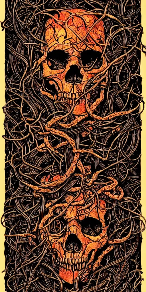 Image similar to human skull wrapped in vines + black paper + elements + red + gold + neon + baroque + rococo + white + orange + ink + tarot card with ornate border frame + marc simonetti, paul pope, peter mohrbacher, detailed, intricate ink illustration