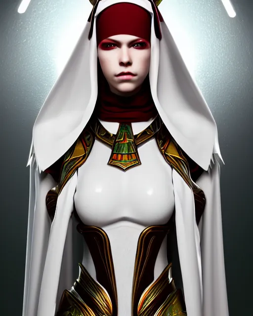 Prompt: red - haired final fantasy white marble egyptian nun, warframe armor, regal, attractive, ornate, sultry, sexy, beautiful, maesie williams, pretty face, green eyes, scifi platform, 4 k, ultra realistic, epic lighting, illuminated, cinematic, black gold, art by alexandra petruk, voidstar