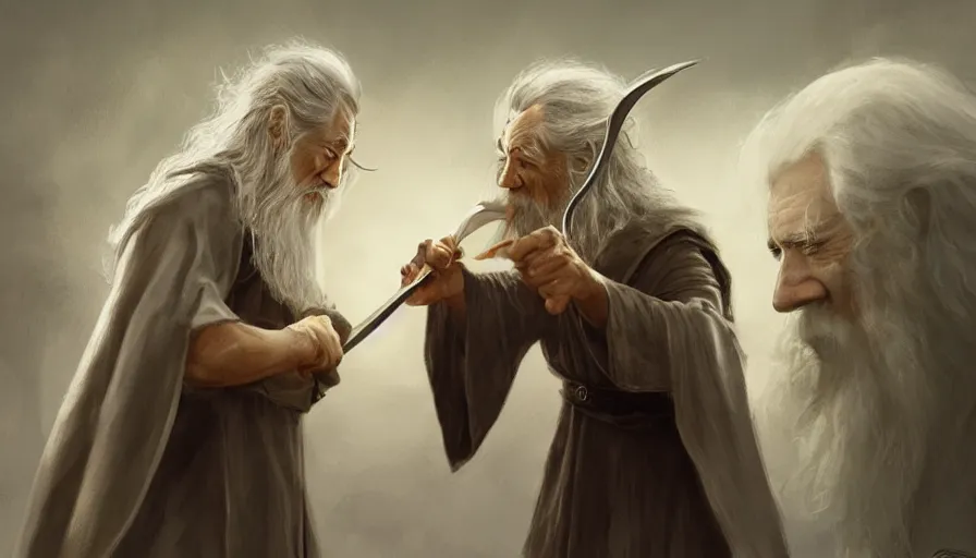 Image similar to concept art of gandalf giving frodo the one ring jama jurabaev, brush hard, artstation, high quality, brush stroke, soft lighting