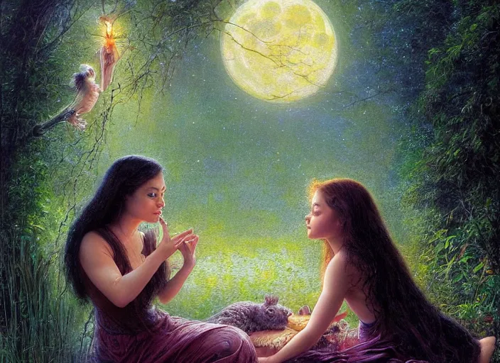 Image similar to Mila Kunis staring into the camera singing a lullaby, fireflies, full moon, Lilia Alvarado, Sophie Anderson, Mark Arian, Bob Byerley, Charlie Bowater, Mark Brooks, Steve Henderson, Justin Gerard, Arthur Hughes, Edward Robert Hughes, Mark Keathley, Victor Nizovtsev, Carlos Shwabe, Ross Tran, WLOP