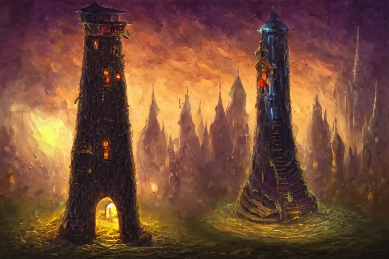 Prompt: oil painting of a sorcerer's magical tower, dark tones, bright flash, ant's eye view, ground view, intricate magic details, wizard tower, bursting with magic, trending on artstation cgmatter deviantart, ground ant perspective, looking up