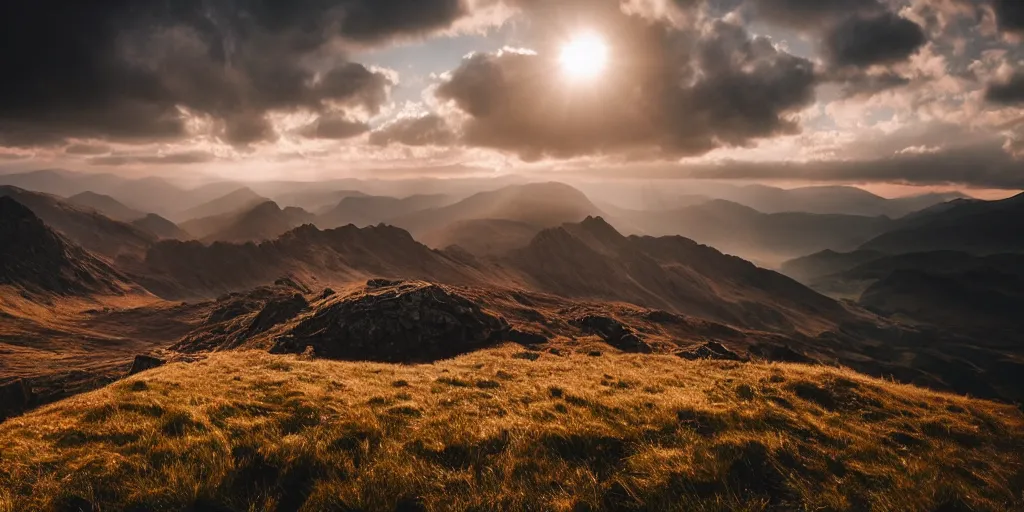 Prompt: Crib Goch!!!!!!!!!!! ridge, rays, epic, cinematic, photograph, atmospheric, dawn, golden hour, sunrise, sky, clouds, lake, arthouse cinema, Sofia Coppola, soft focus