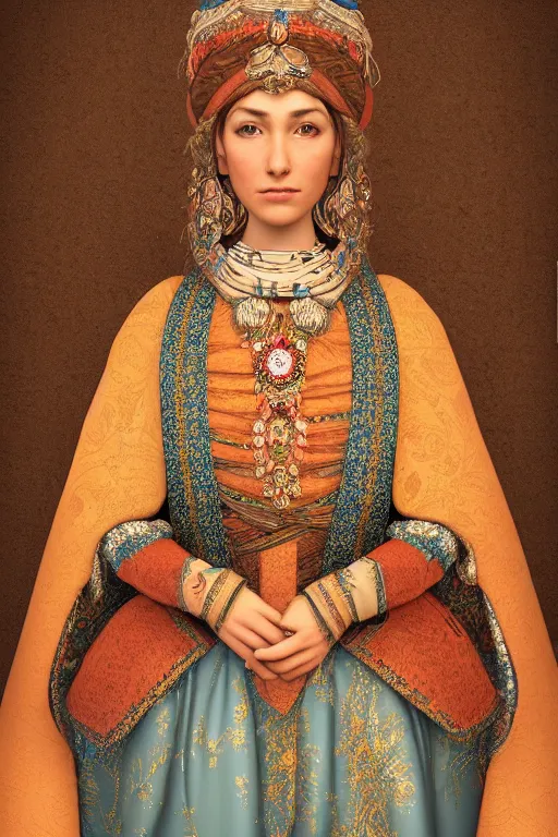 Prompt: stunning awe-inspiring digital portrait of a lady in traditional Armenian attire, wearing highly detailed jewelries and ornaments, photorealistic portrait by Da Vinci and Picasso, beautiful face, beautiful portrait lighting, teal and orange colored background with traditional lampstands and furnitures, artstation, Zbrush, Octane, smooth