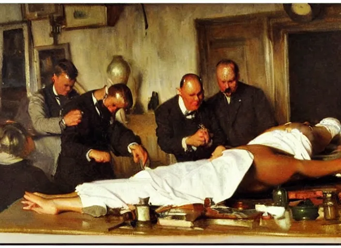 Prompt: anders zorn oil painting of instruction of autopsy surgery