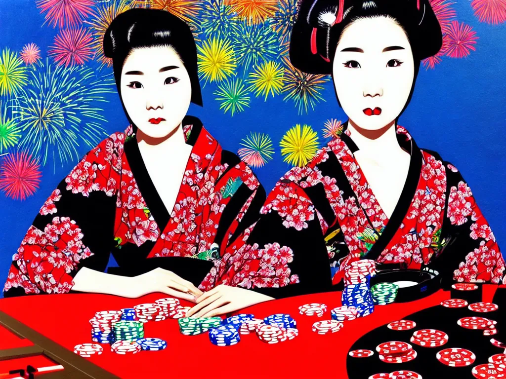 Image similar to hyperrealistic composition of the detailed woman in a japanese kimono sitting at a extremely detailed poker table with detailed darth vader, fireworks, mount fuji on the background, pop - art style, jacky tsai style, andy warhol style, acrylic on canvas