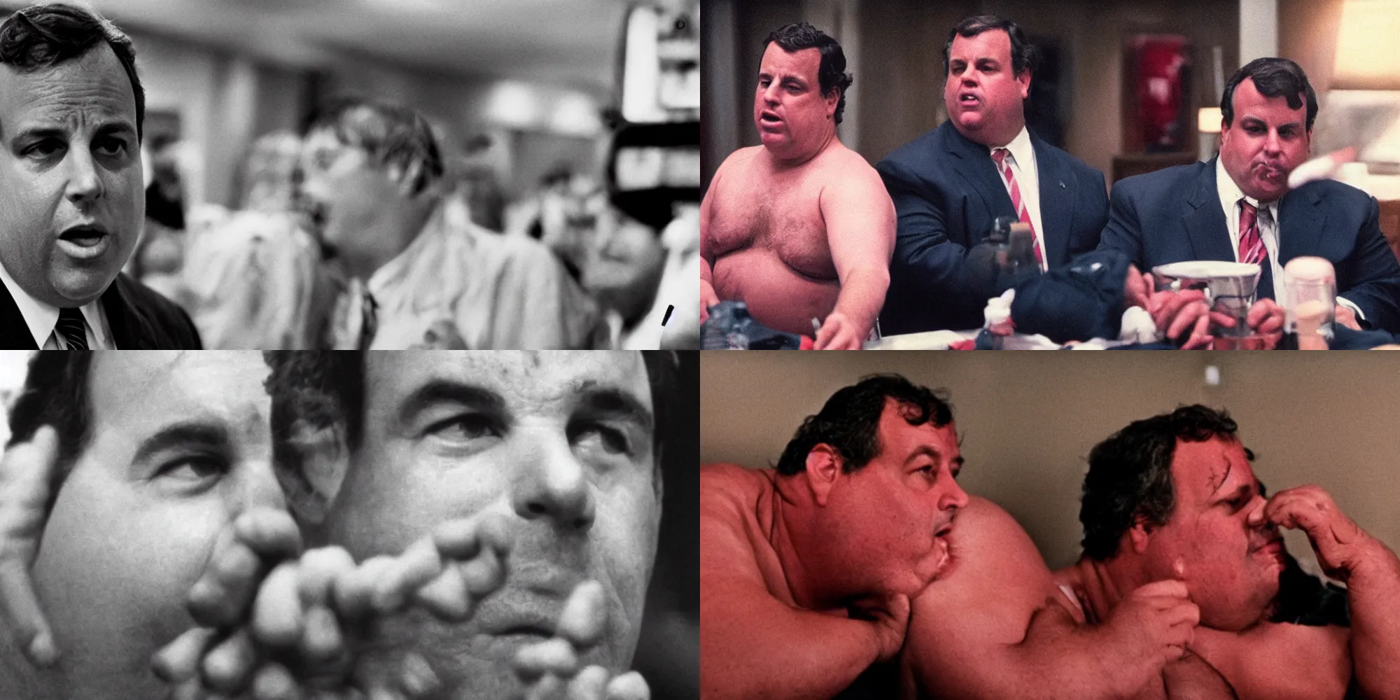 Prompt: chris christie body horror directed by david cronenberg, limb mutations, swollen veins, red flesh strings, cinestill 8 0 0 t, 1 9 8 0 s movie still, film grain